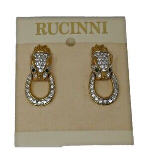Rucinni Gold Tone Crystal Rhinestones Cat Jaguar Panther Puma Dangle Earrings